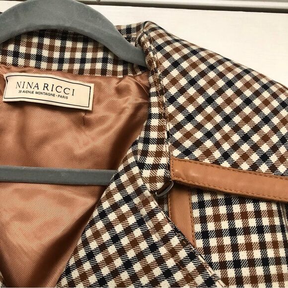 Nina Ricci Trench Coat Heritage Checkered Printed Wool Leather Trim Belted 42 - Picture 9 of 13